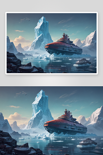 太空船穿越冰山皮克斯风格的绘画