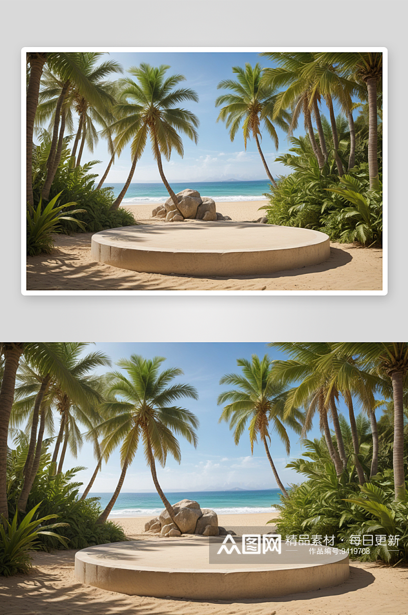 石头与棕榈叶热带海滩的完美舞台素材