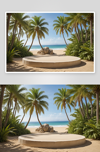 石头与棕榈叶热带海滩的完美舞台