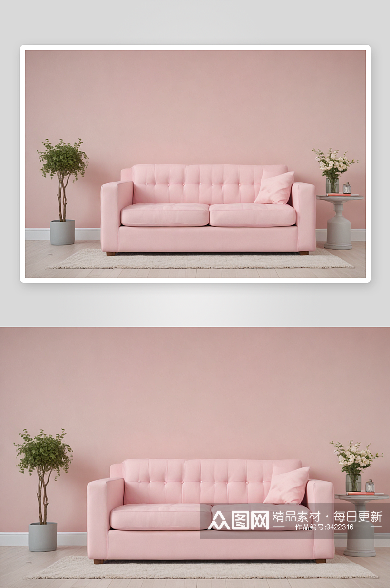 白色空间中的粉色沙发床简约时尚的居家选择素材
