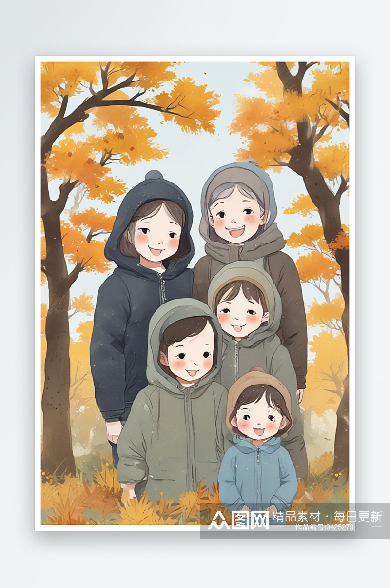 幸福时光秋日公园里的家庭合影素材