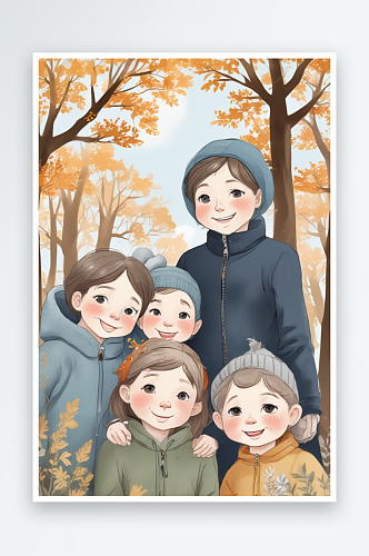 幸福时光秋日公园里的家庭合影