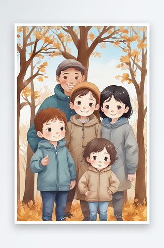 幸福时光秋日公园里的家庭合影