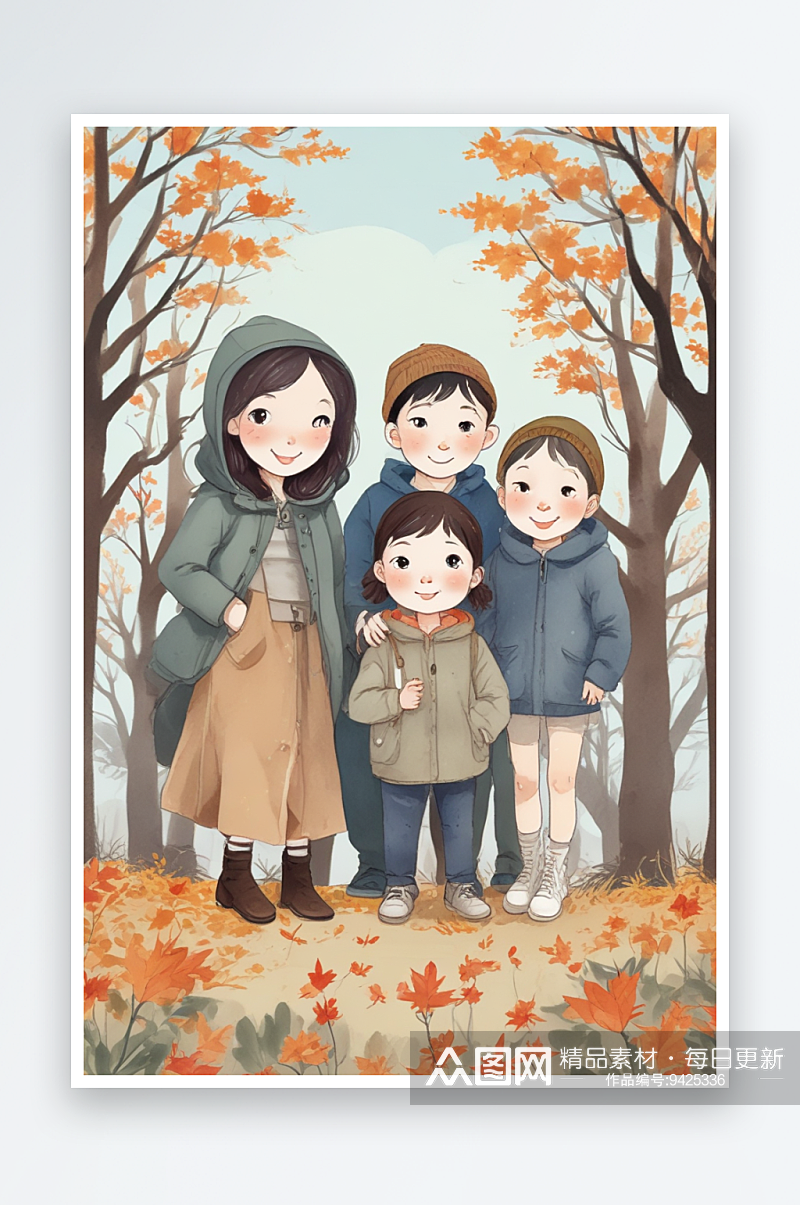 幸福时光秋日公园里的家庭合影素材