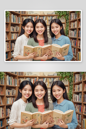 温柔微笑的年轻亚洲人与古书的和谐对比
