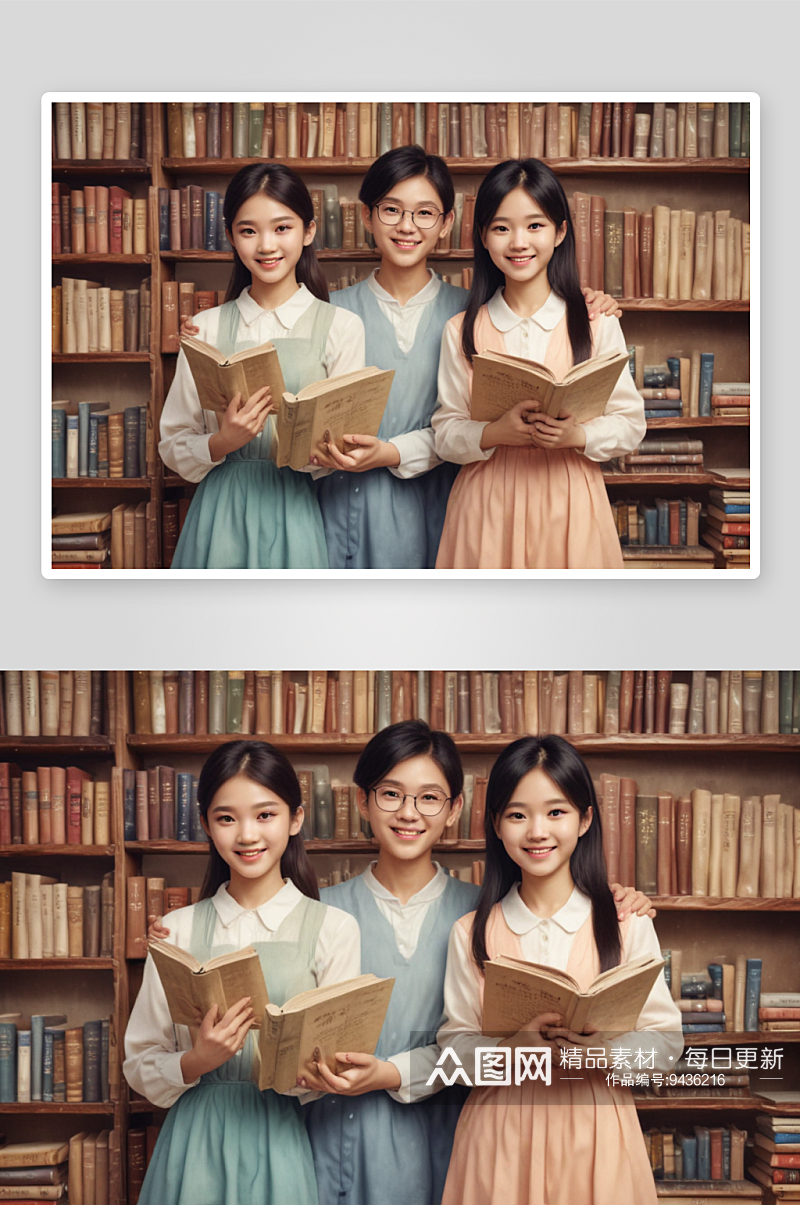 温柔微笑的年轻亚洲人与古书的和谐对比素材