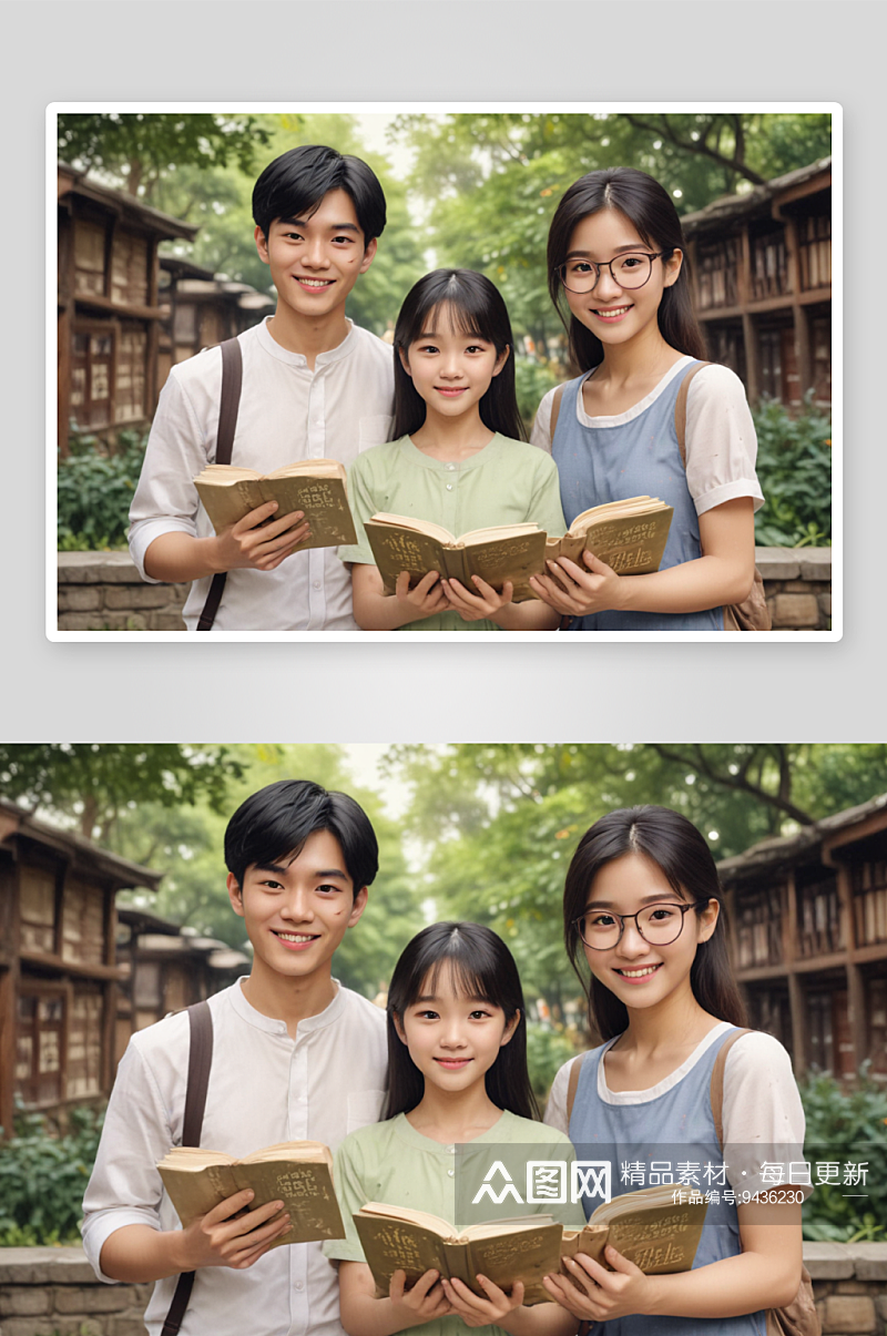 温柔微笑的年轻亚洲人与古书的和谐对比素材