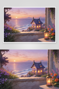 海边的紫色房屋悬崖与日落光线
