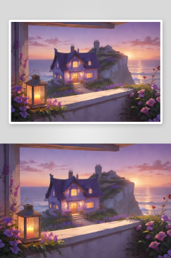 海边的紫色房屋悬崖与日落光线
