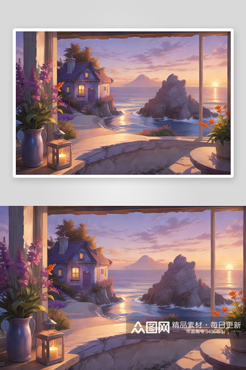 海边的紫色房屋悬崖与日落光线素材