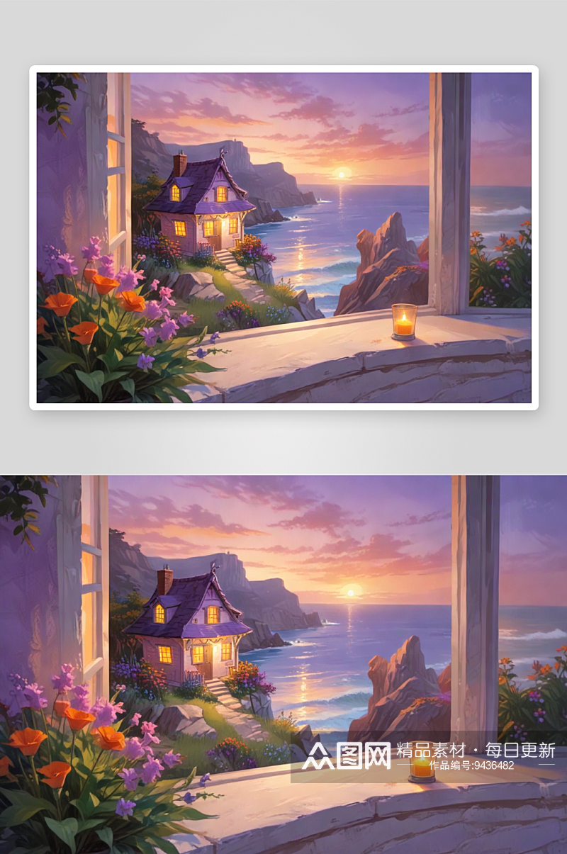 海边的紫色房屋悬崖与日落光线素材