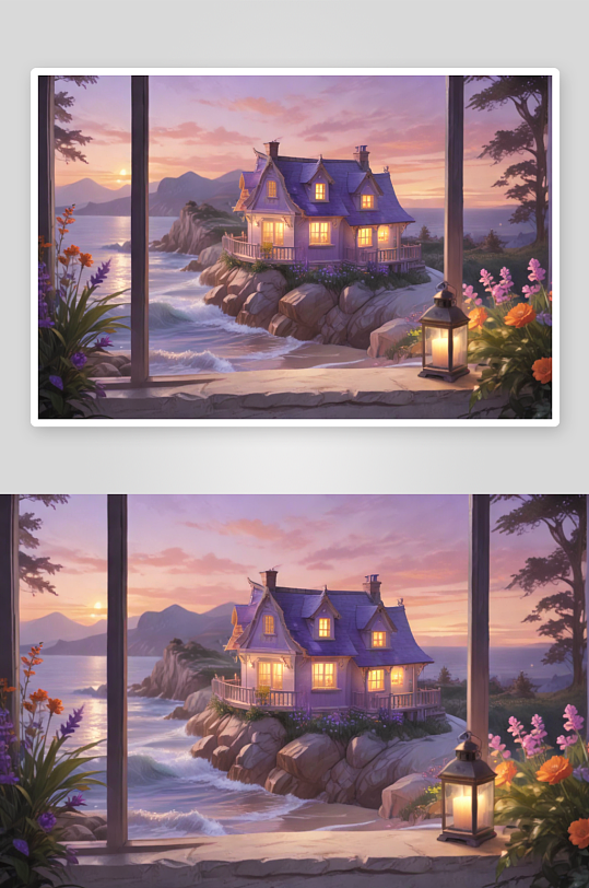 海边紫色小屋悬崖与日落美景