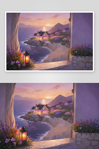 紫色房屋临海悬崖与夕阳景致