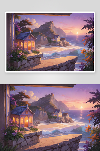 紫色房屋临海悬崖与夕阳景致
