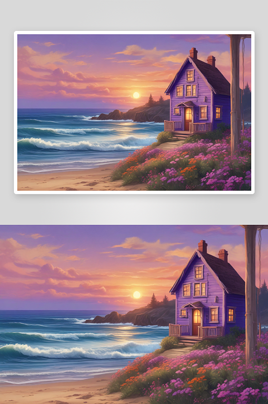 悬崖间的紫色海边小屋夕阳美景