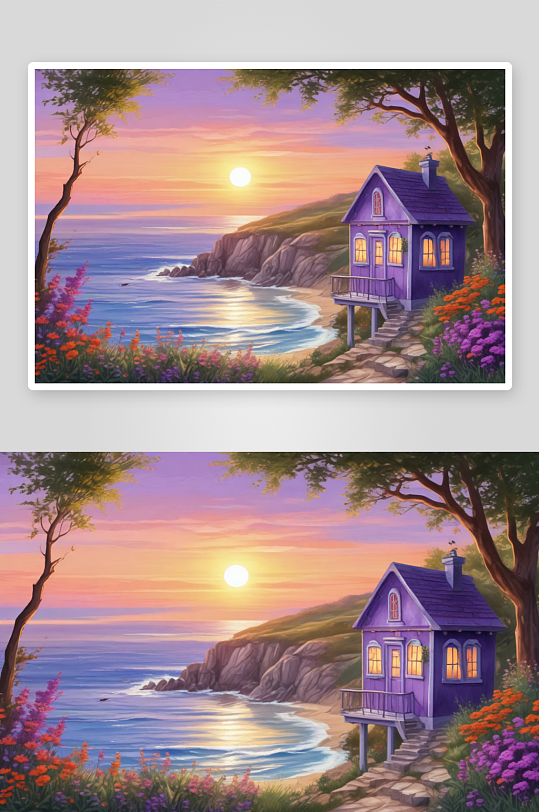悬崖间的紫色海边小屋夕阳美景