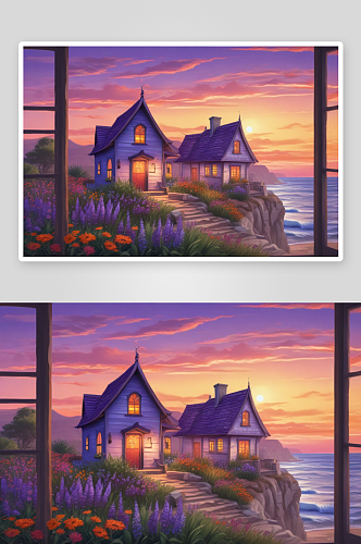 海边紫色房屋悬崖与夕阳倩影