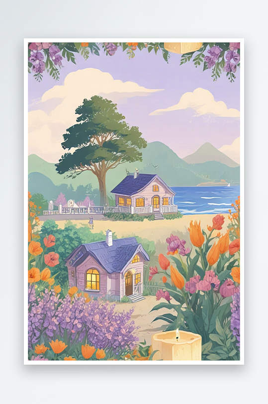 海边紫色房屋悬崖与夕阳交相辉映