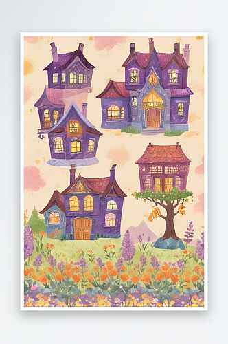 紫色房屋临海悬崖与夕阳景致插画