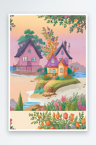 紫色房屋临海悬崖与夕阳景致插画