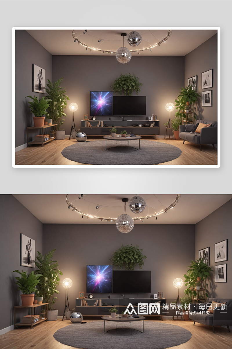 现代艺术装饰的小公寓客厅照明效果素材