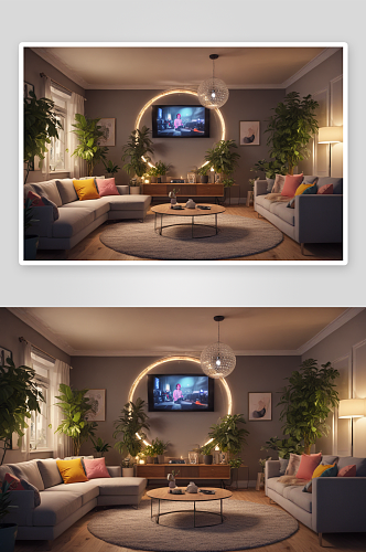 现代艺术装饰的小公寓客厅照明效果