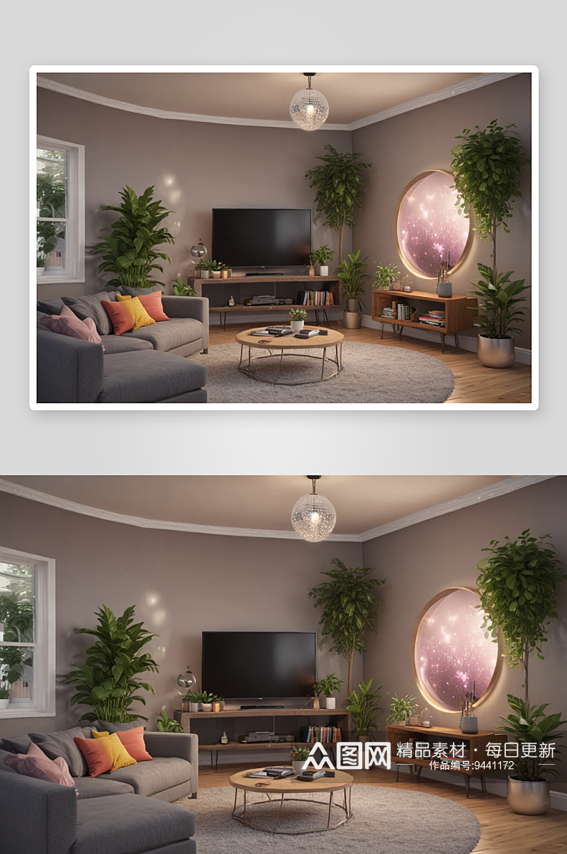 现代艺术装饰的小公寓客厅照明效果素材