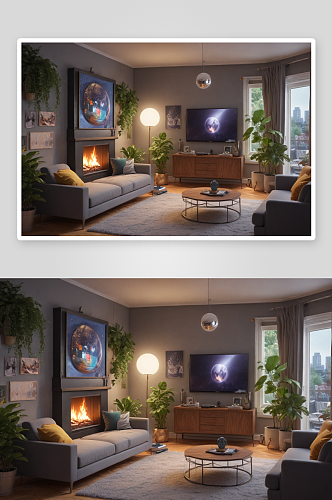 现代艺术装饰的小公寓客厅照明效果