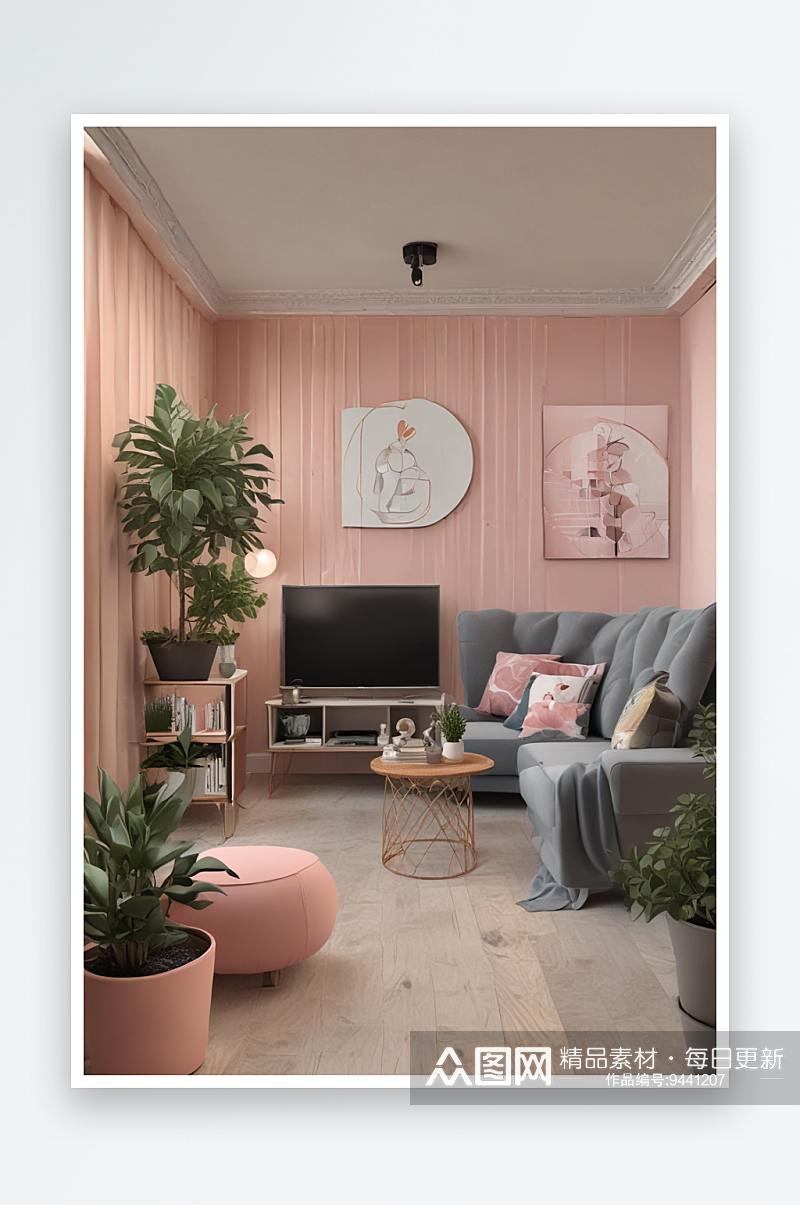 植物点缀的小公寓客厅现代装饰素材