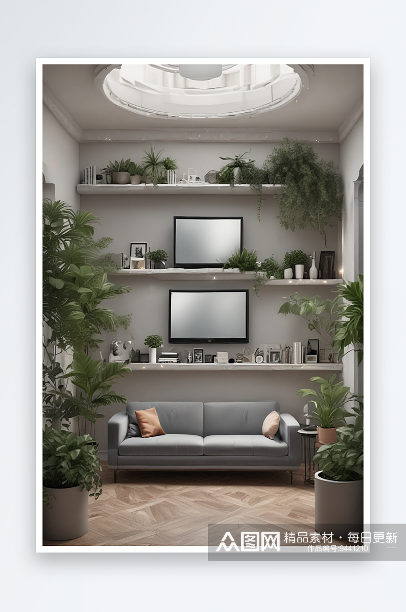 植物点缀的小公寓客厅现代装饰素材