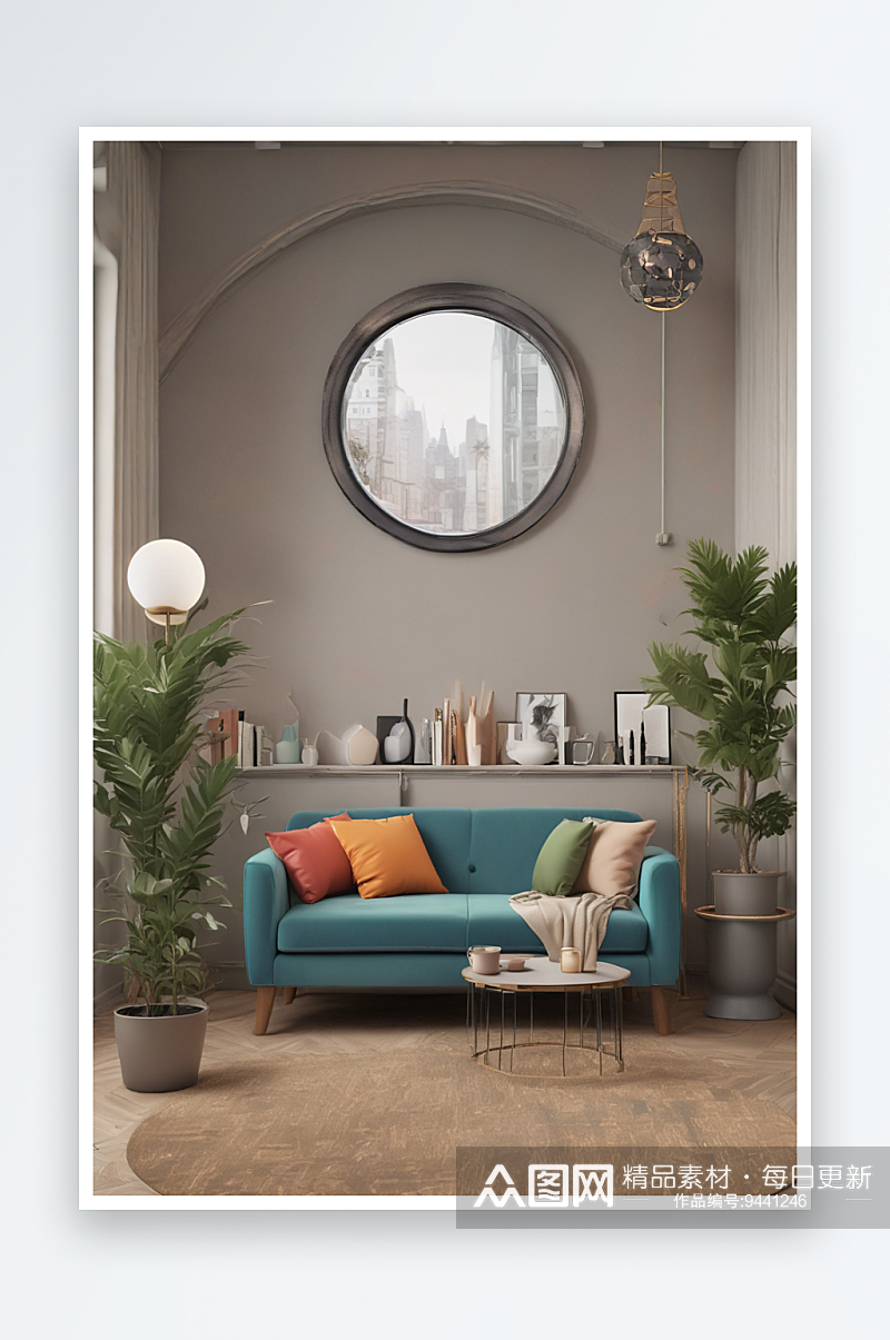大圆灯照亮的小公寓客厅视觉焦点素材