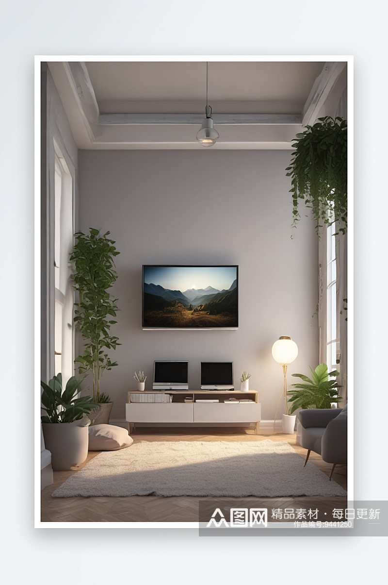 大圆灯照亮的小公寓客厅视觉焦点素材