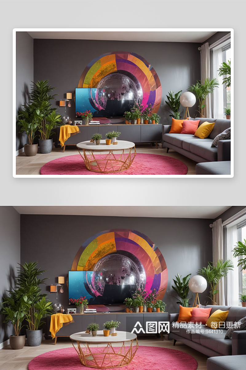小公寓客厅的迪斯科球与大电视素材