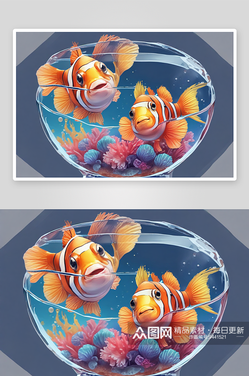 水彩小丑鱼碗装饰插图素材