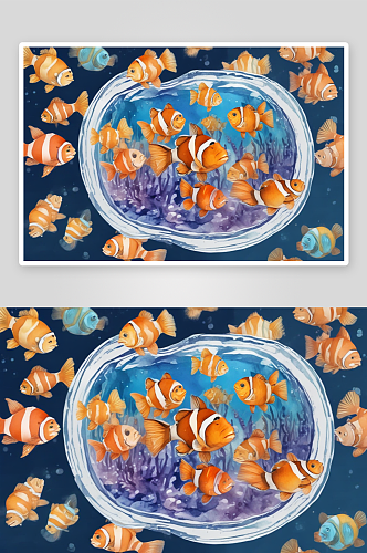 鱼缸中的水彩小丑鱼插图