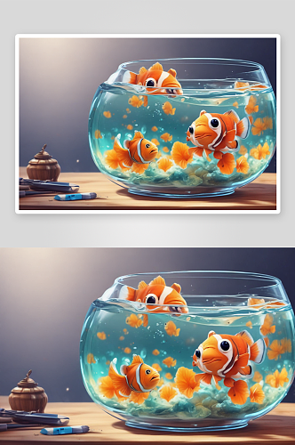 鱼缸中的水彩小丑鱼插图