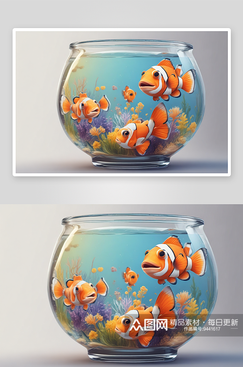 水彩小丑鱼鱼缸装饰素材素材