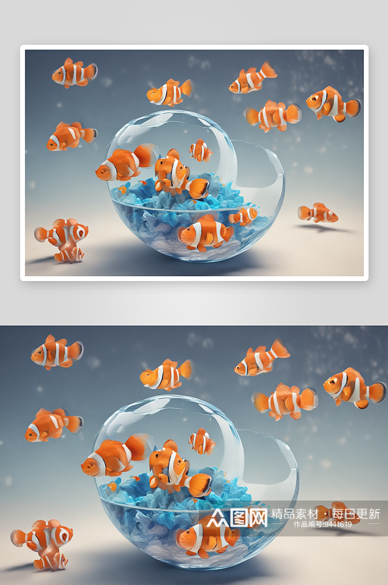 水彩小丑鱼鱼缸装饰素材素材