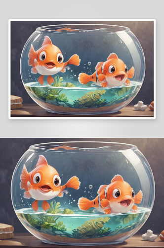 明亮鱼缸中的水彩小丑鱼插画