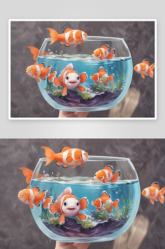 明亮鱼缸中的水彩小丑鱼插画