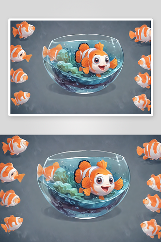 水彩小丑鱼碗装饰插图素材