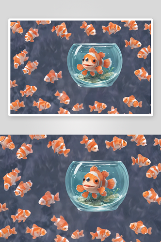 超写实鱼缸突出水彩小丑鱼