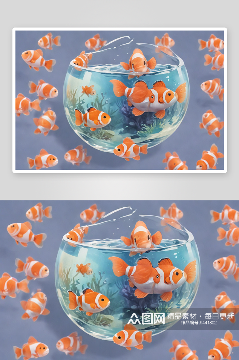 明亮的鱼缸中可见的小丑鱼素材