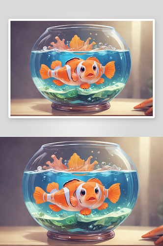 明亮的鱼缸中可见的小丑鱼