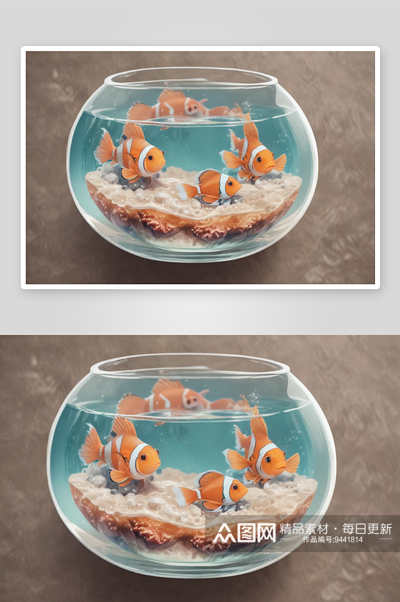 明亮的鱼缸中可见的小丑鱼素材