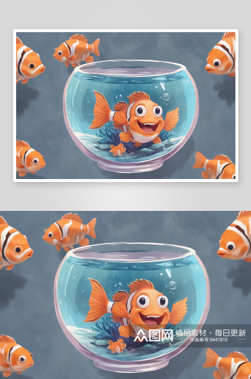 水彩小丑鱼鱼缸装饰插图素材