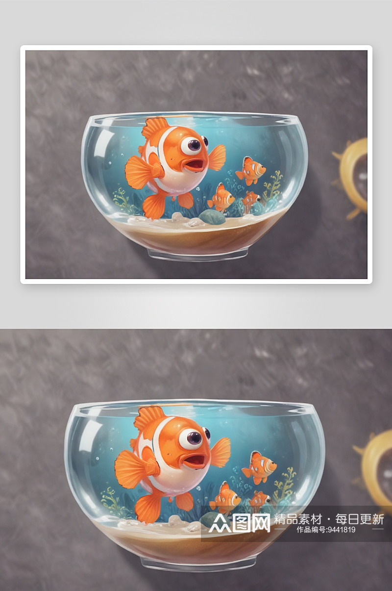 水彩小丑鱼鱼缸装饰插图素材