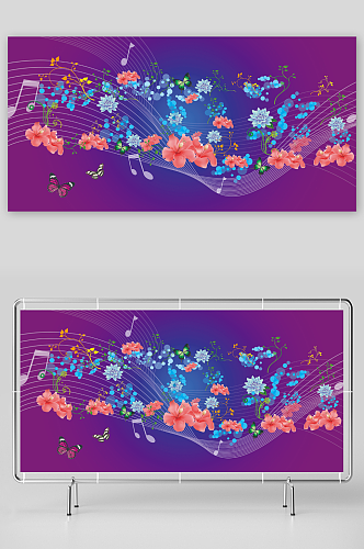 紫色背景鲜花蝴蝶音符背景图