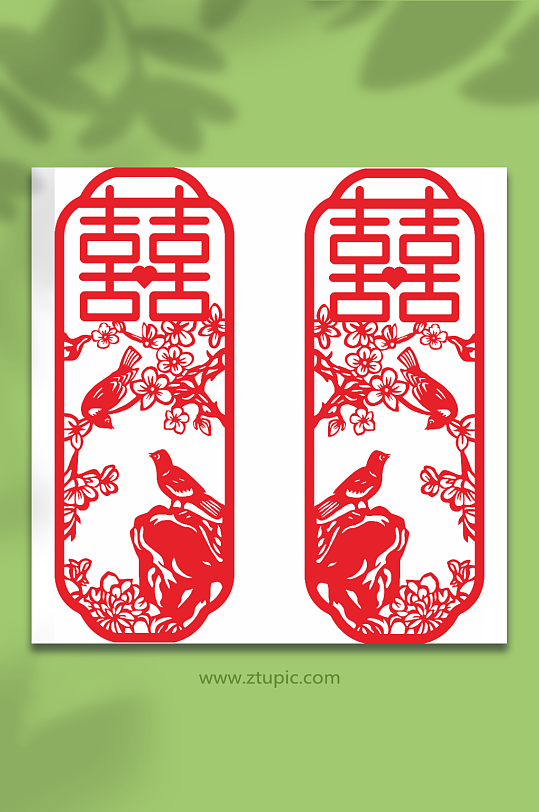 喜字窗花矢量图花朵喜鹊蝴蝶结