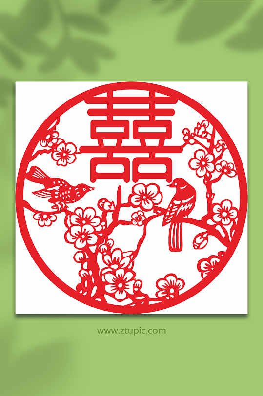 喜字窗花喜鹊花朵蝴蝶矢量图